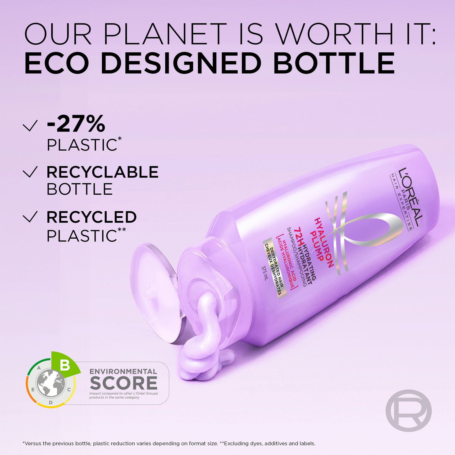 The new bottle of hyaluron plump conditioner is eco-certified with recycled plastic and 27% less plastic used.